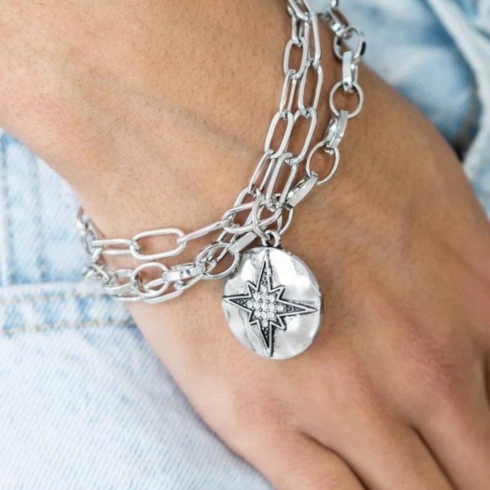 Silver Celestial Star Rhinestone Layered Chain Bracelet